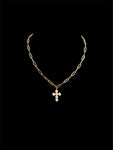 Haute Mess reversible pearl cross on paperclip chain