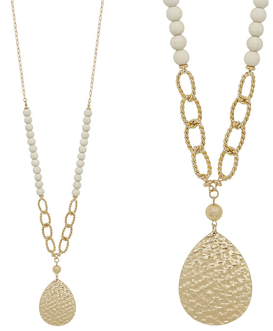 Teardrop Metal w/ Chain & Wood Bead Necklace