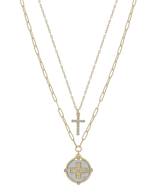 Double Layered Pave Cross & Coin Short Necklace