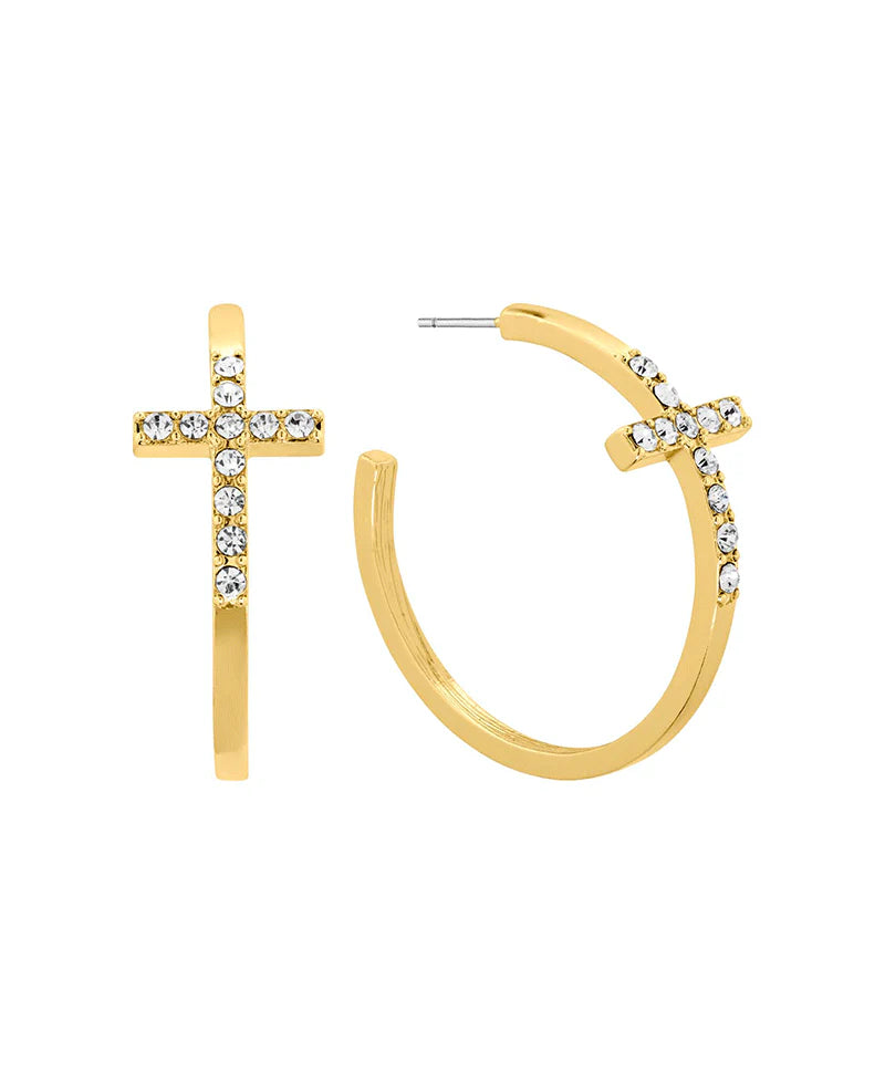 Gold Glass Cross 35mm Hoop Earrings
