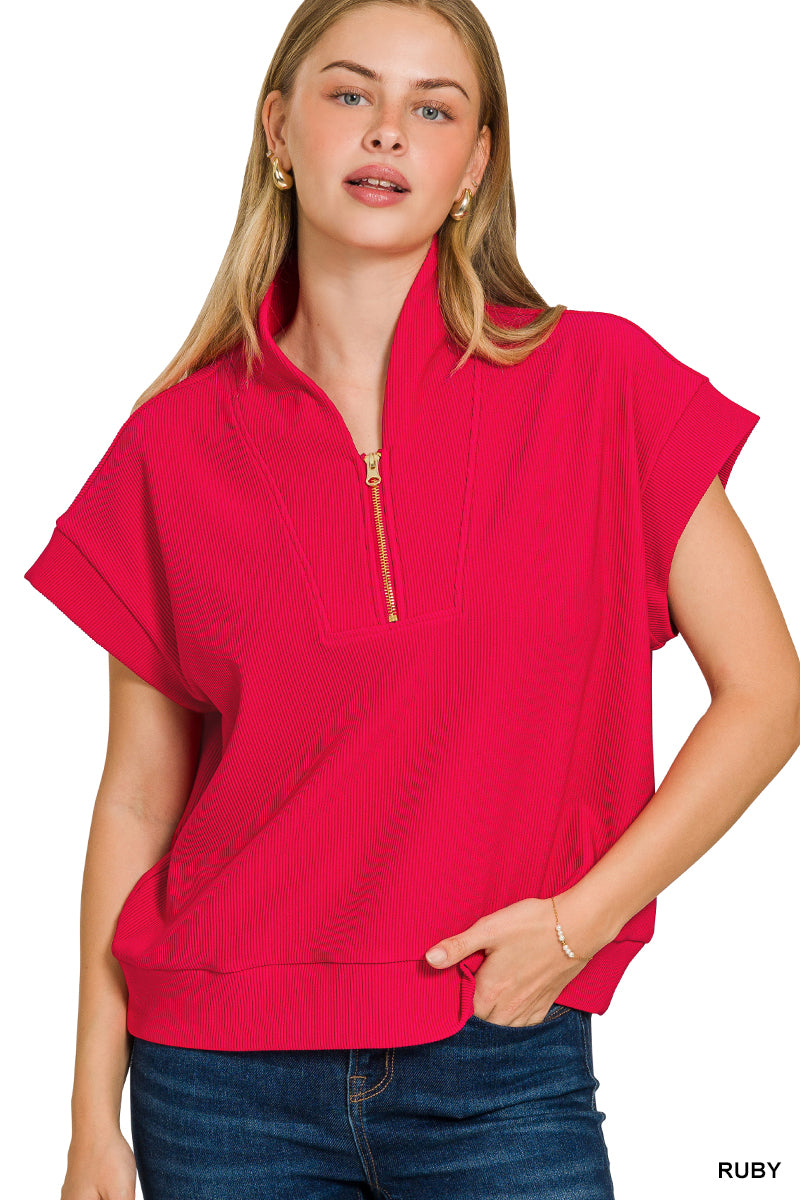 Ruby Ribbed High Neck Half Zip Top
