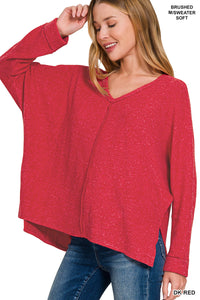 Zenana brushed hacci melange v-neck center seam sweater in red