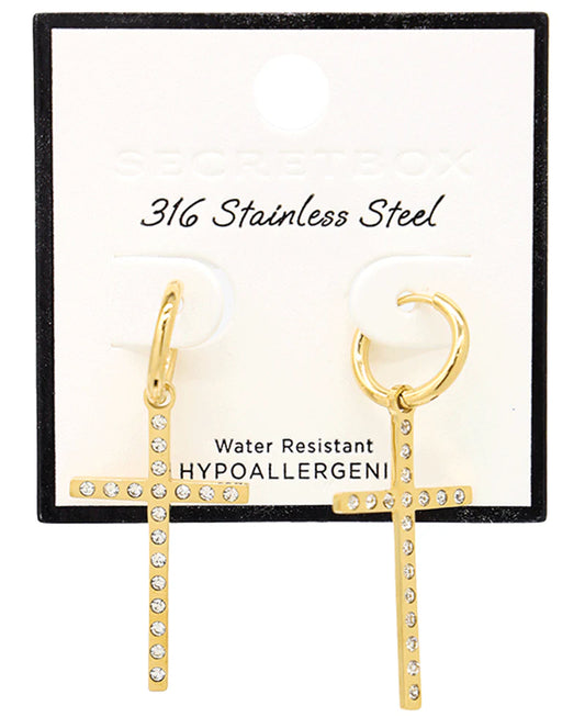 Gold Diamond Stainless Steel Cross Earring