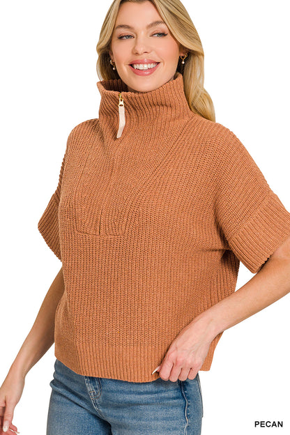 Half zip high neck short sleeve sweater Pecan