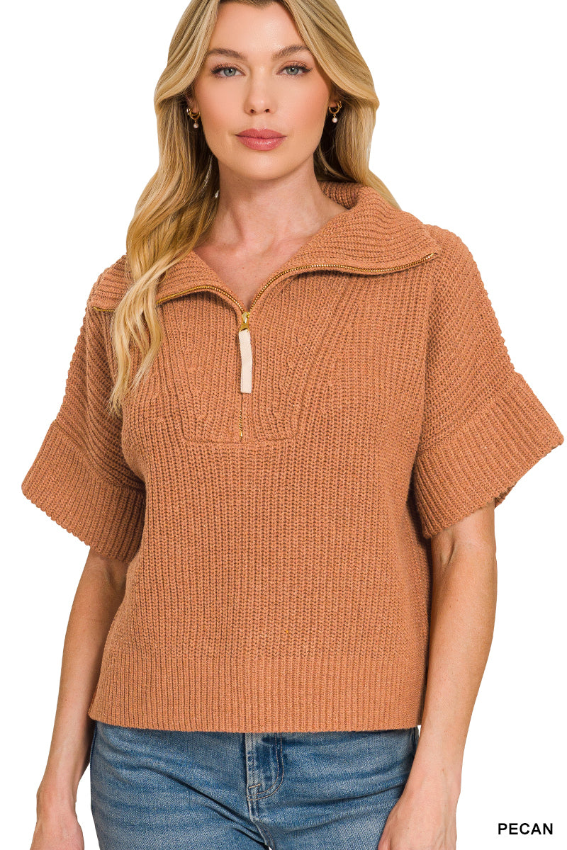 Half zip high neck short sleeve sweater Pecan