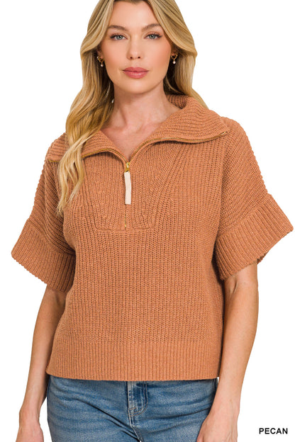 Half zip high neck short sleeve sweater Pecan