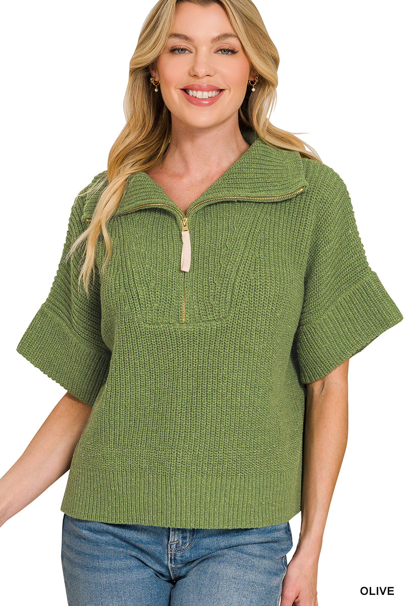 Half zip high neck short sleeve sweater Olive