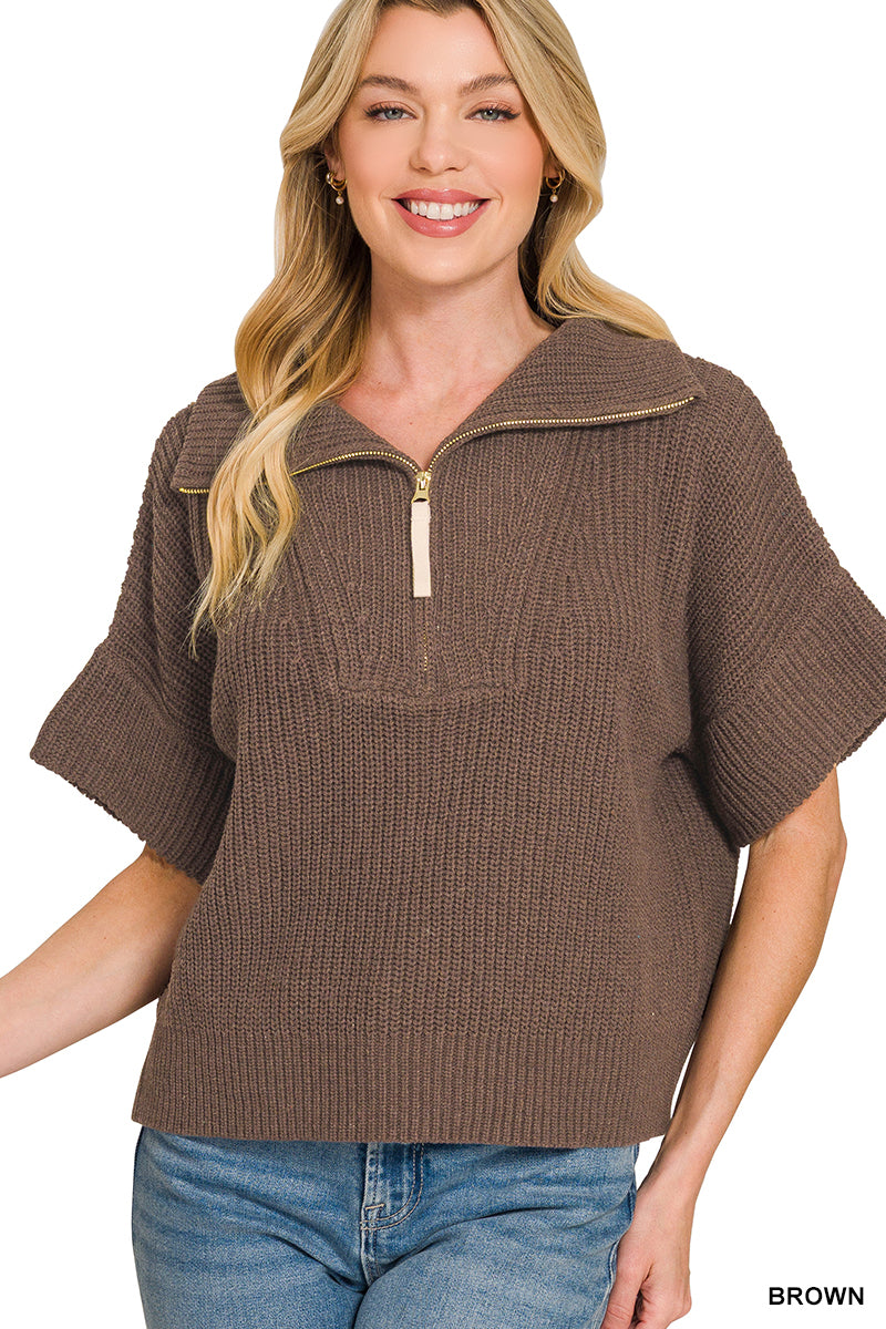 Half zip high neck short sleeve sweater Brown