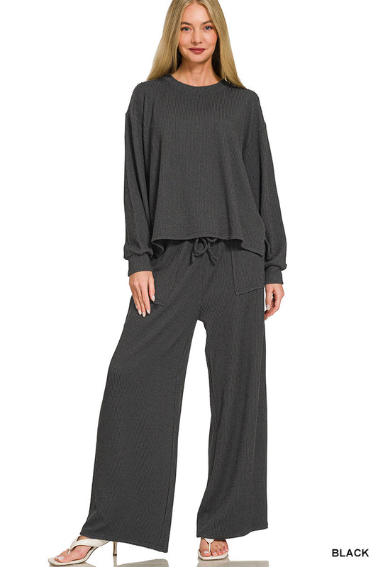 Raised rib round neck pullover & pants set CHARCOAL