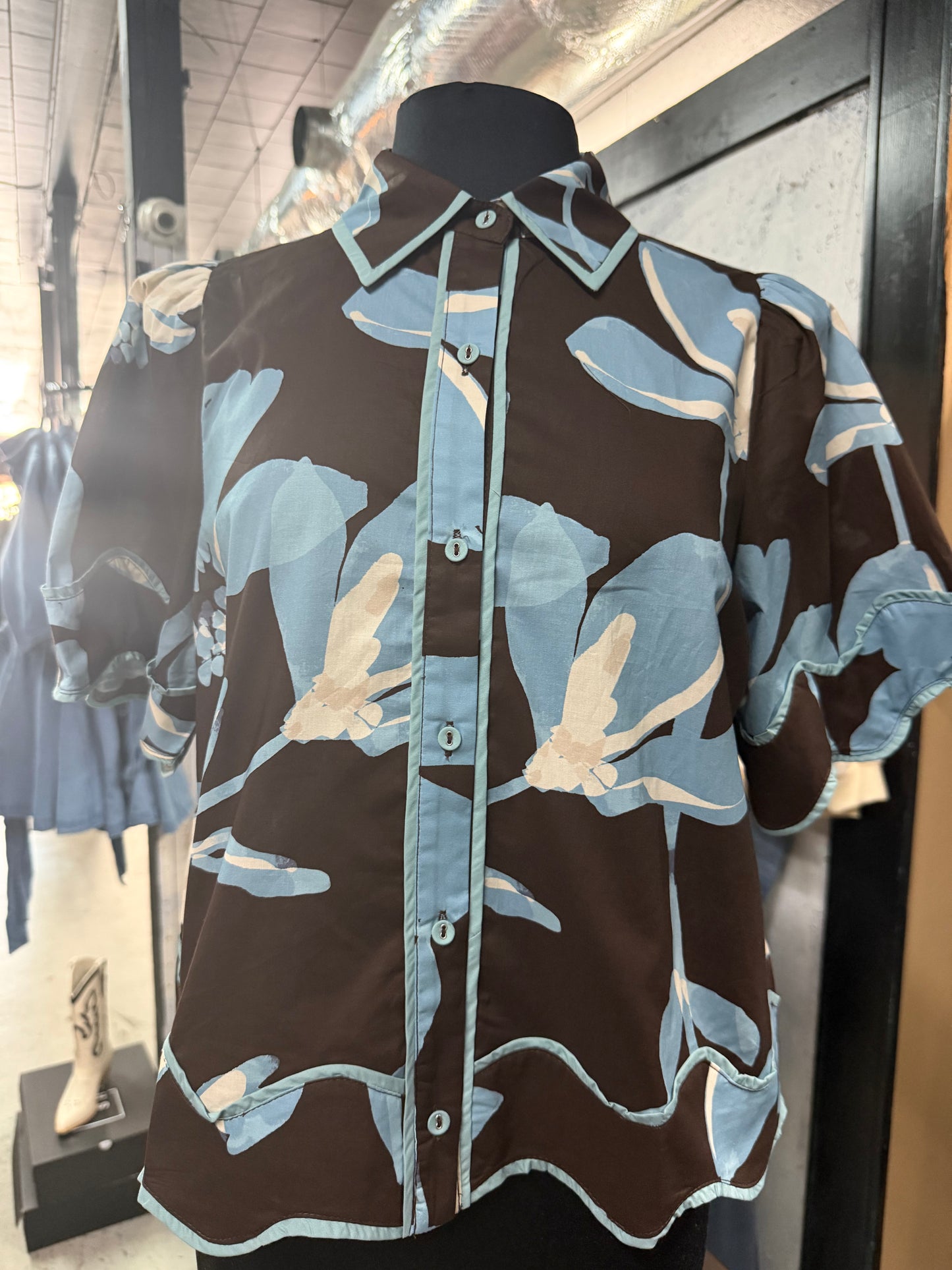 Brown With Blue Floral Blouse
