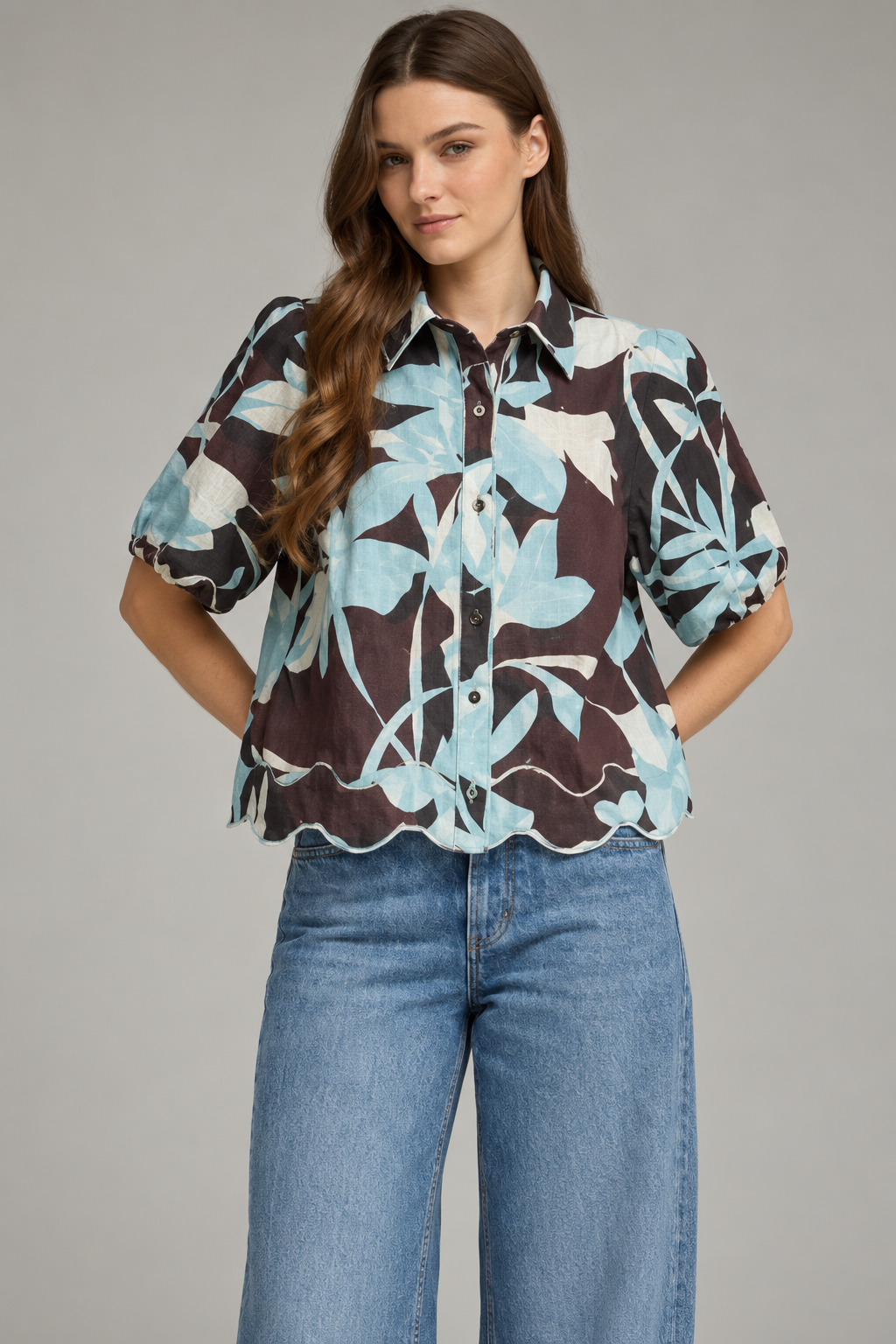 Brown With Blue Floral Blouse