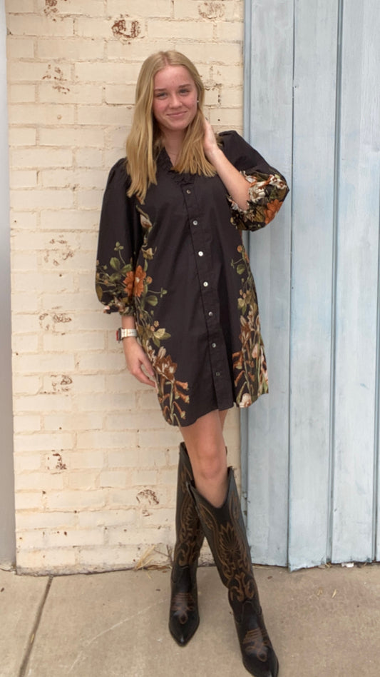 The Juniper Black Floral Button Down Dress
