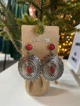 Silver western earrings with red stone