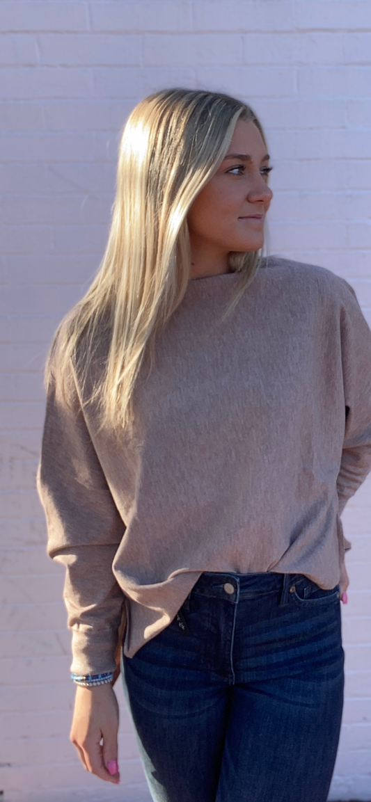 Latte Loose Fit Boat Neck Knit Side Slit Pullover Top