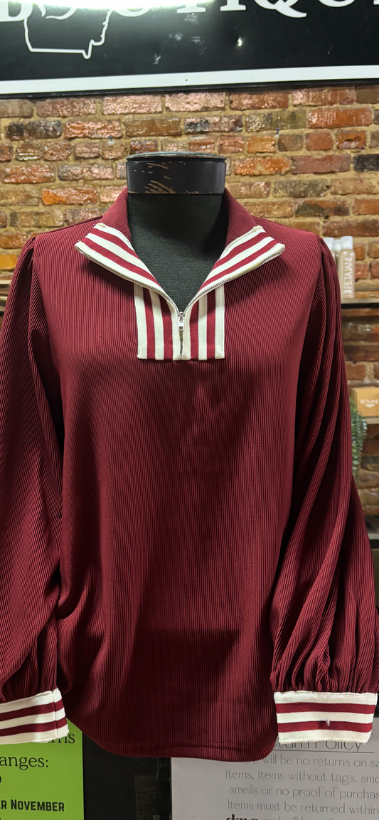 Jodifil Burgundy Color Rib Band Accent High Neck Top