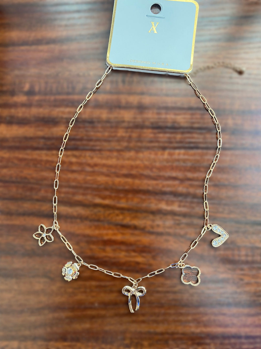 Gold Charm Necklace with CZ Bows and Hearts