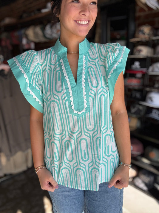 The Tara Mint Print Flutter Sleeve Top