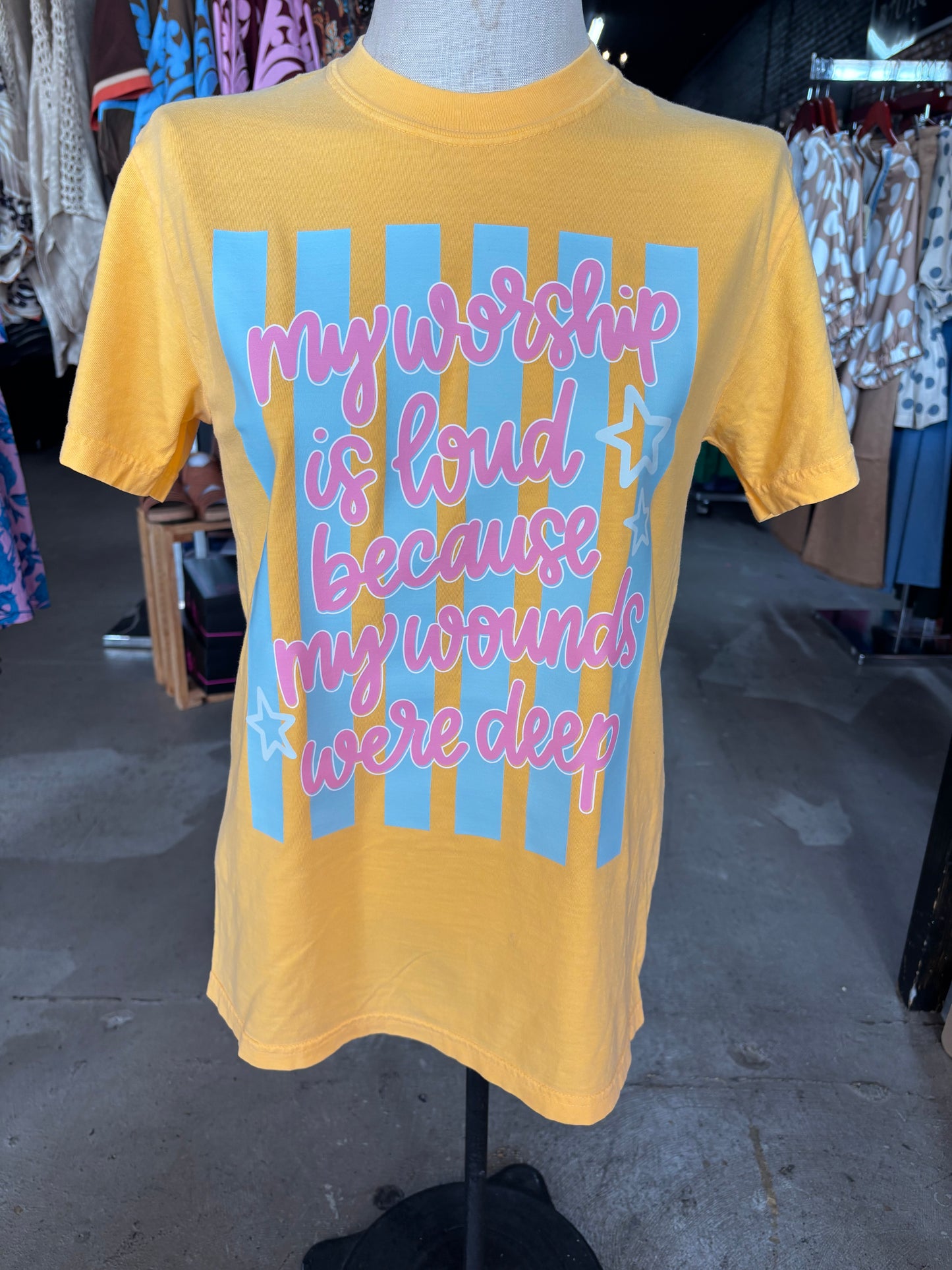 Three Kids and a Press My Worship Tee
