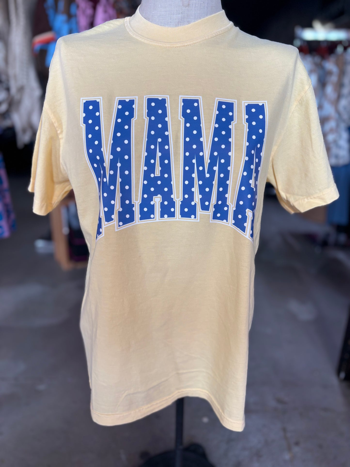Three Kids and a Press Yellow Mama Polka Dot Tee