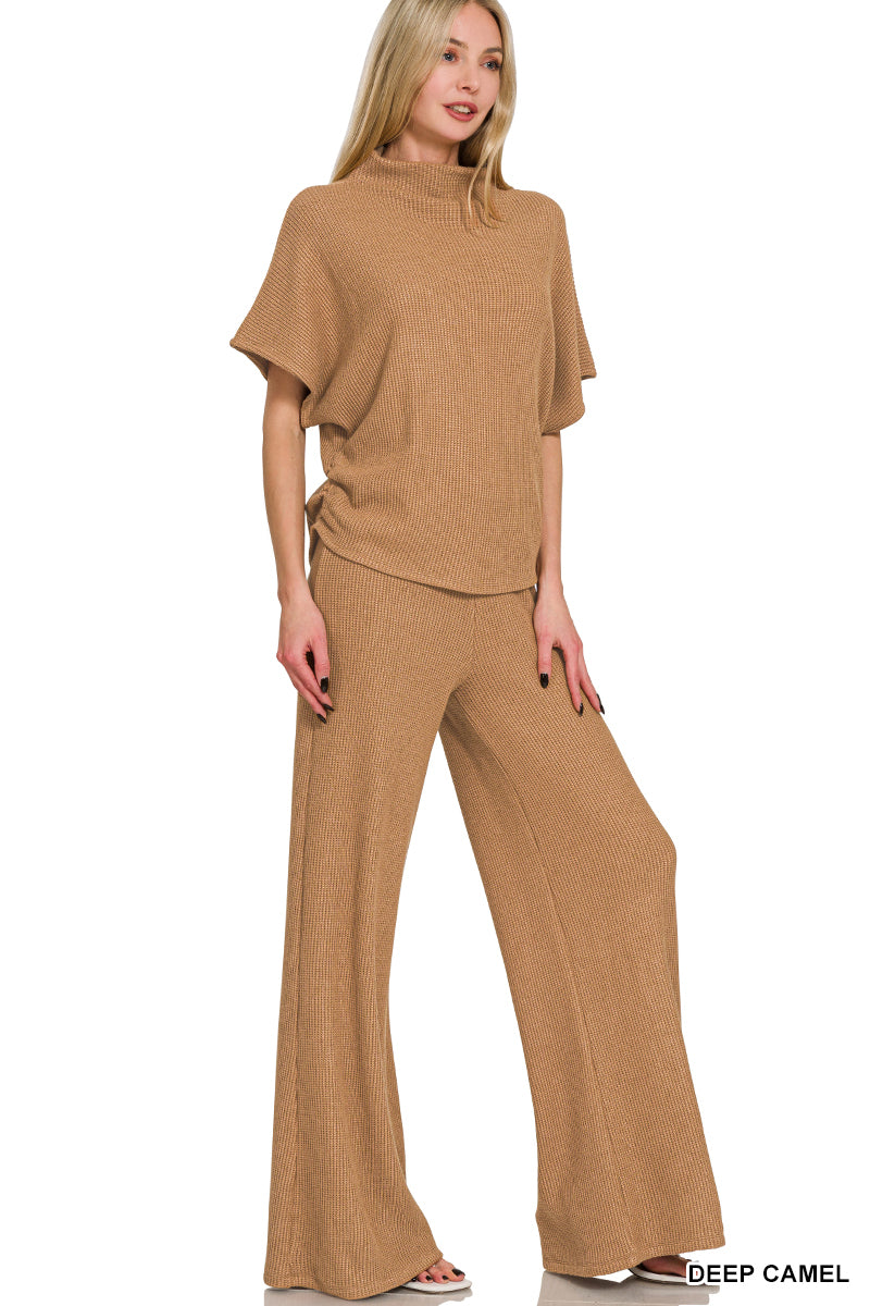 Mock Neck Short Sleeve Top and Long Pants in Deep Camel