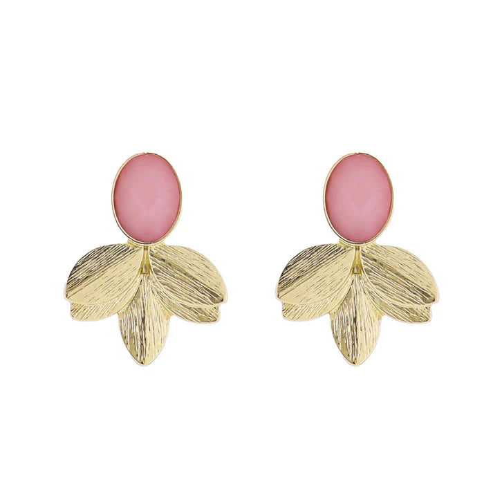 Jane Marie Pink, Gold Gemstone Post with Gold Leaf Fan Earring
