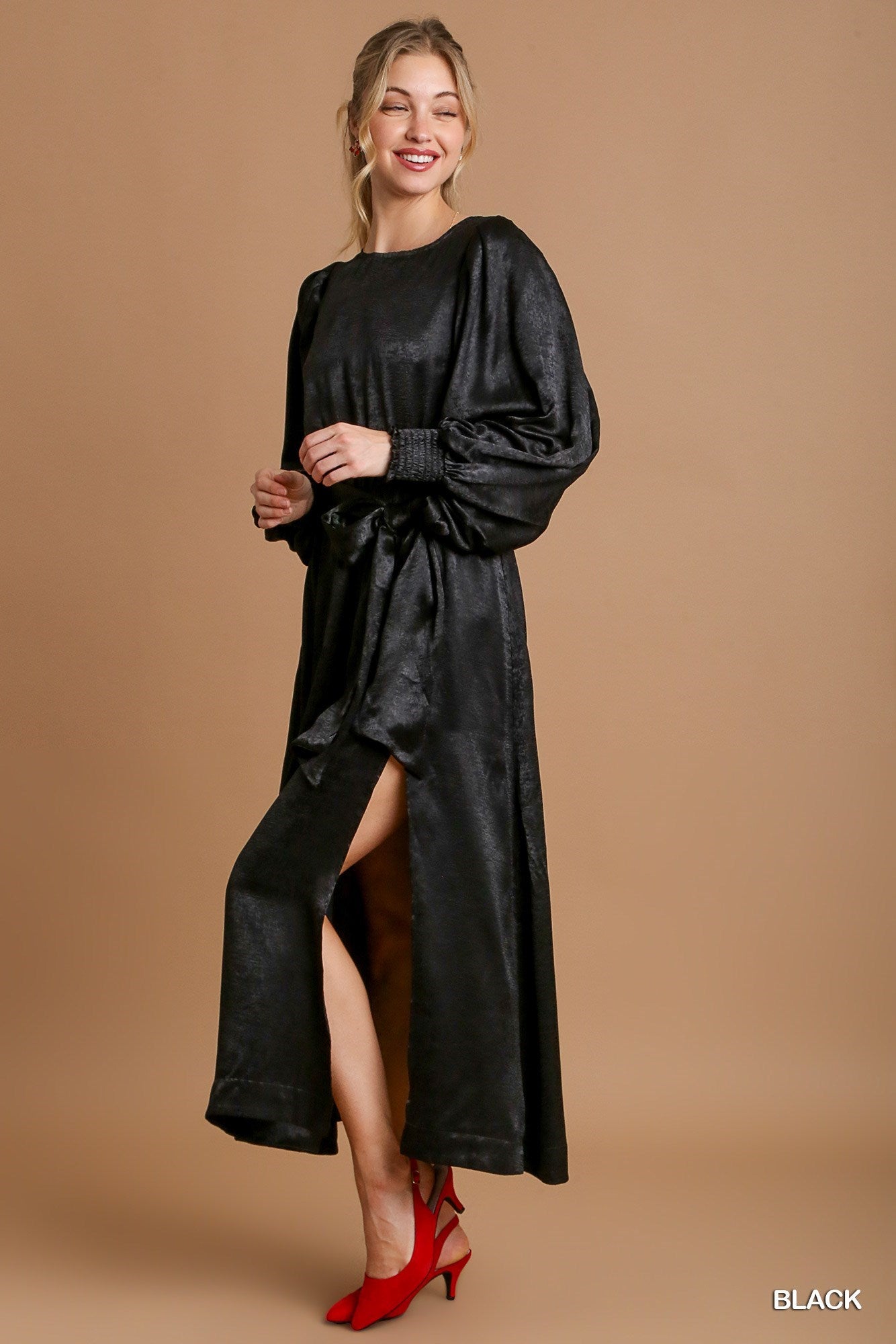 Black Satin Long Sleeve Maxi Dress