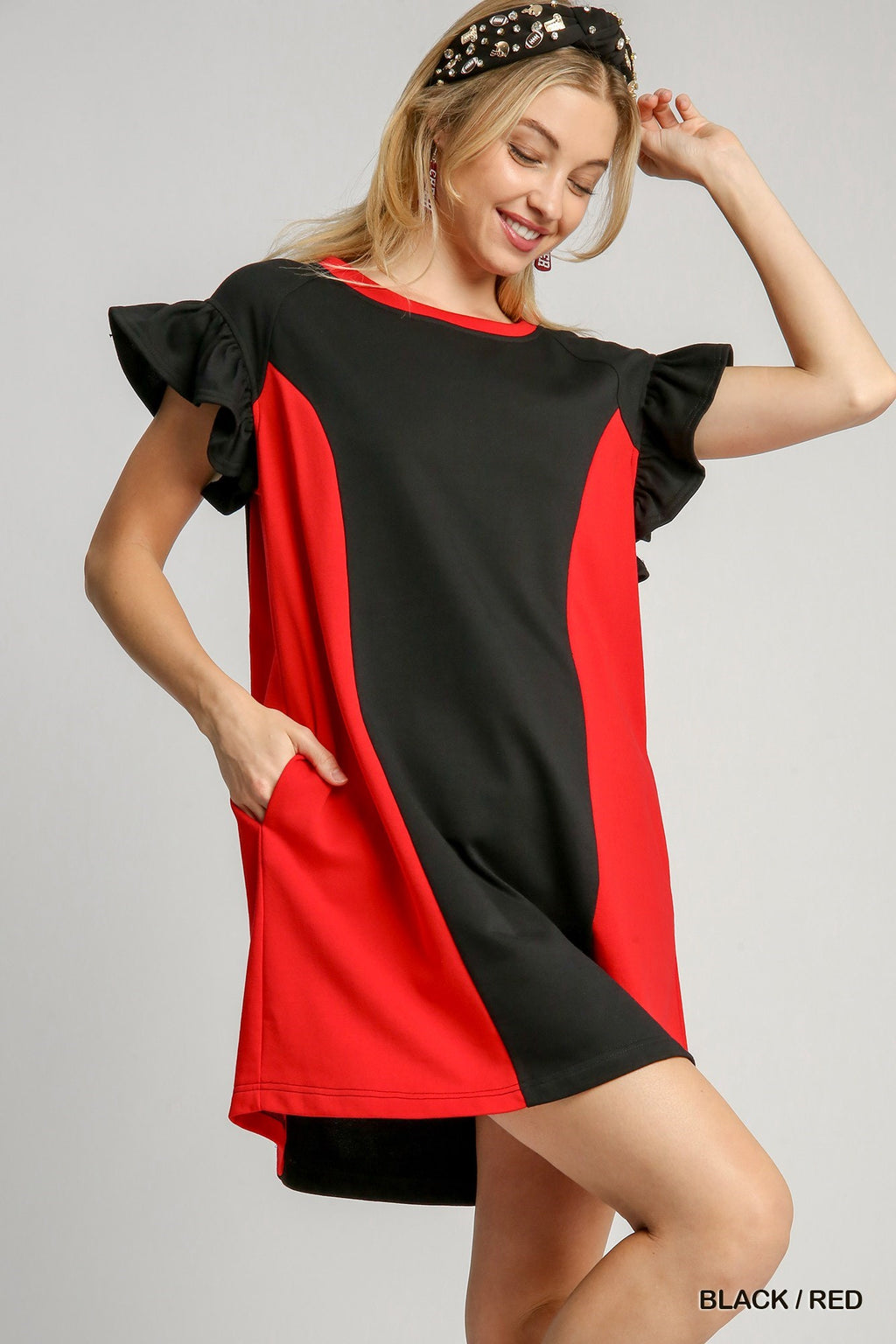 Red/Black Round Neck Colorblock Mini Dress