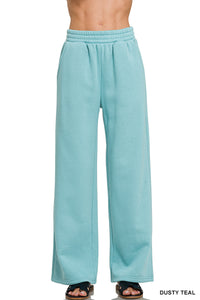 Zenana fleece drawstring pants with pocket in dusty teal