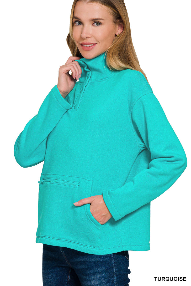 Zenana Fleece High Neck Half Snap Button Front Sweatshirt