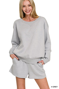 Boat Neck Sweatshirt and Shorts 2Pc Set in Heather Grey