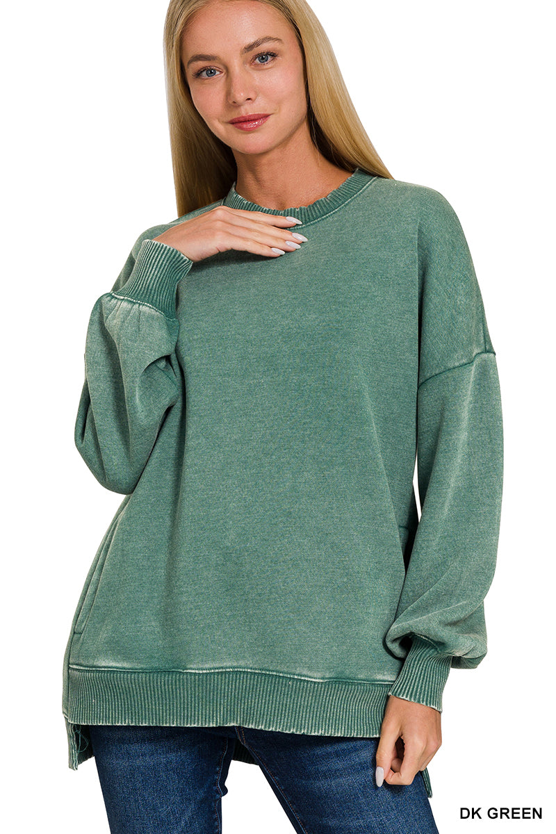 Acid wash fleece hi-low hem pullover in forest green