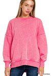 Acid wash fleece hi-low hem pullover in hot pink