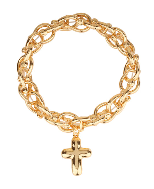 Gold Metal Linked w/ Cross Elastic Bracelet