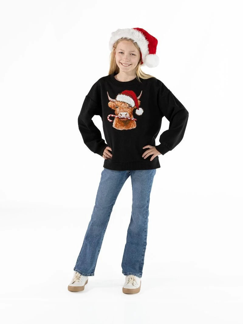 Simply Southern Youth Holiday Embroidered Crew - Highland Cow