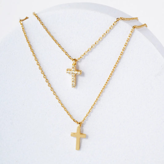 Pave-Set CZ Double Cross Pendant 18K-Gold-Dipped Layered Necklace