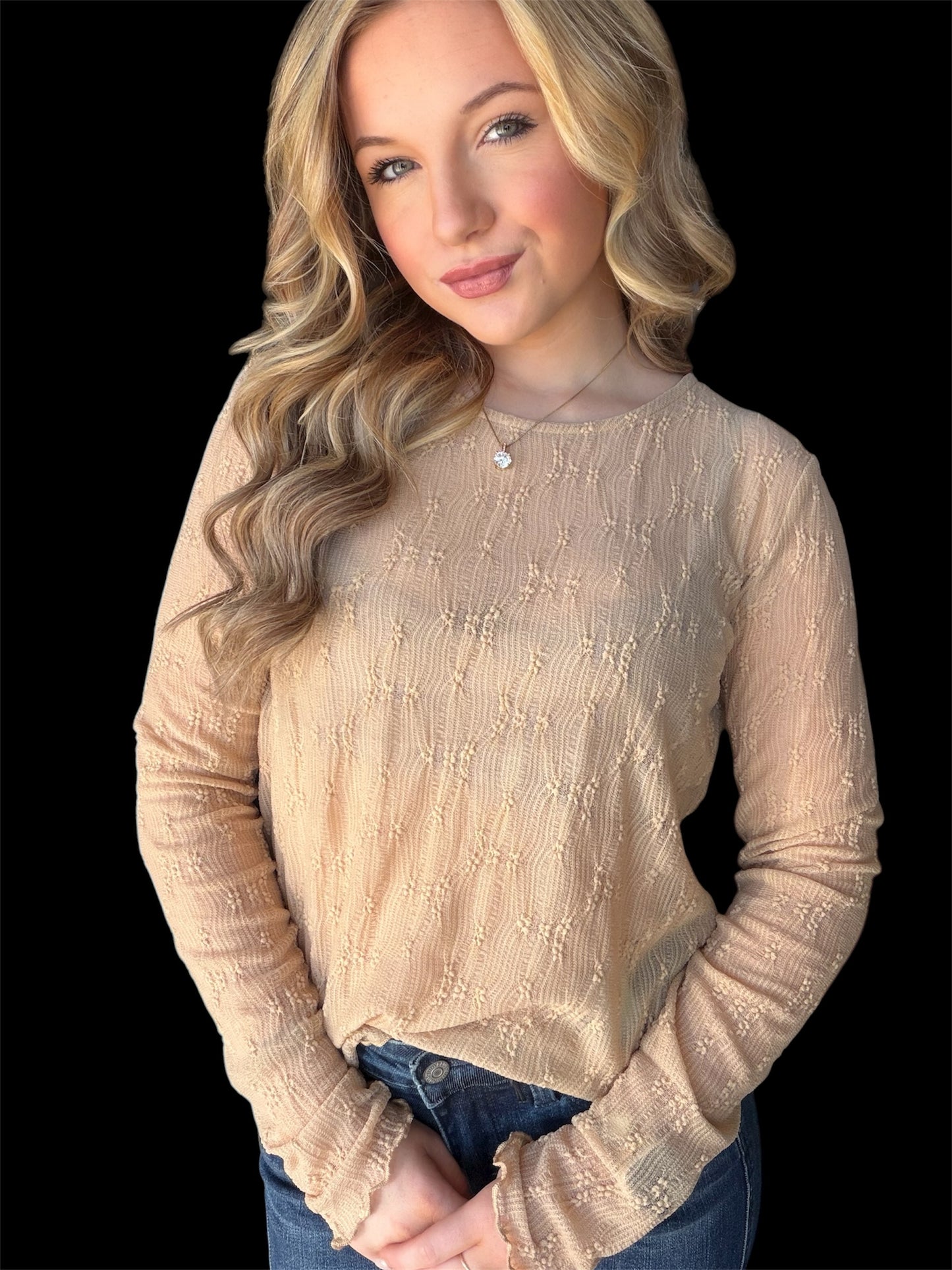 Umgee Tan Lace Textured Long Sleeve Top