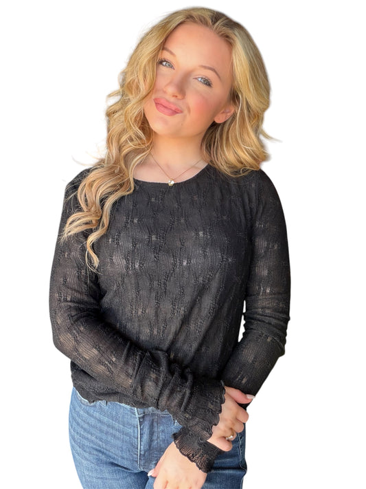Umgee Black Lace Textured Long Sleeve Top