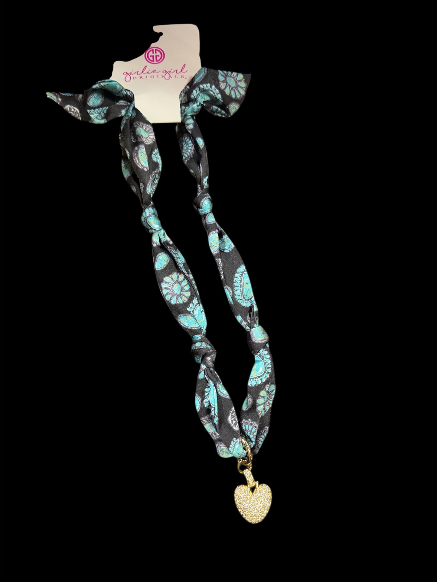 Girlie Girl Scarf Necklace with Heart Diamond Gold Charm