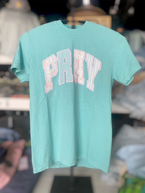 Three Kids and a Press Turquoise Mixed Print Pray tee