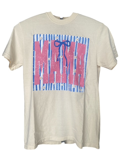 Three Kids and a Press Stripped Speckled Bow Mama tee