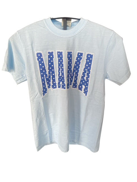 Three Kids and a Press Light Blue Polka Dot Mama tee