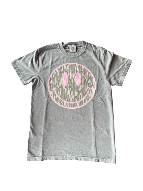 3 Kids and a Press Light Grey Camo Smiley Tee