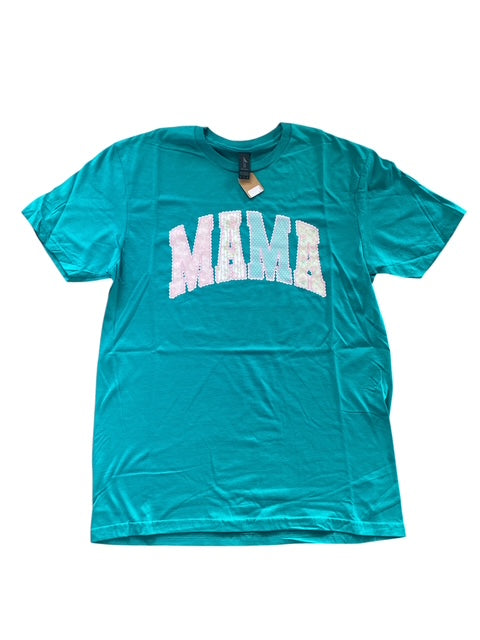 3 Kids and a Press Teal Mix-Print Mama Tee