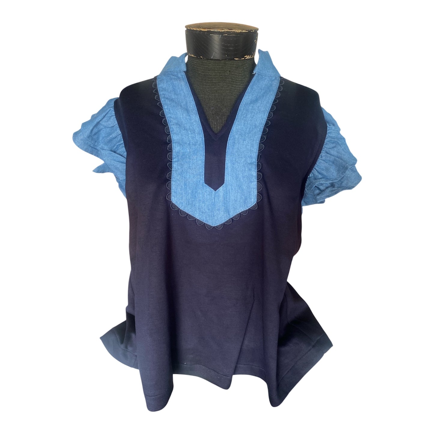 The Everly Navy Contrast Ruffle Sleeve Top