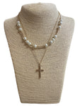 Pearl and Gold Layered Cross Necklace