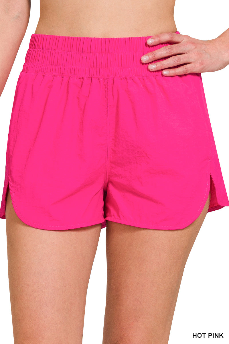 Windbreaker Smocked Waistband Running Shorts in Hot Pink