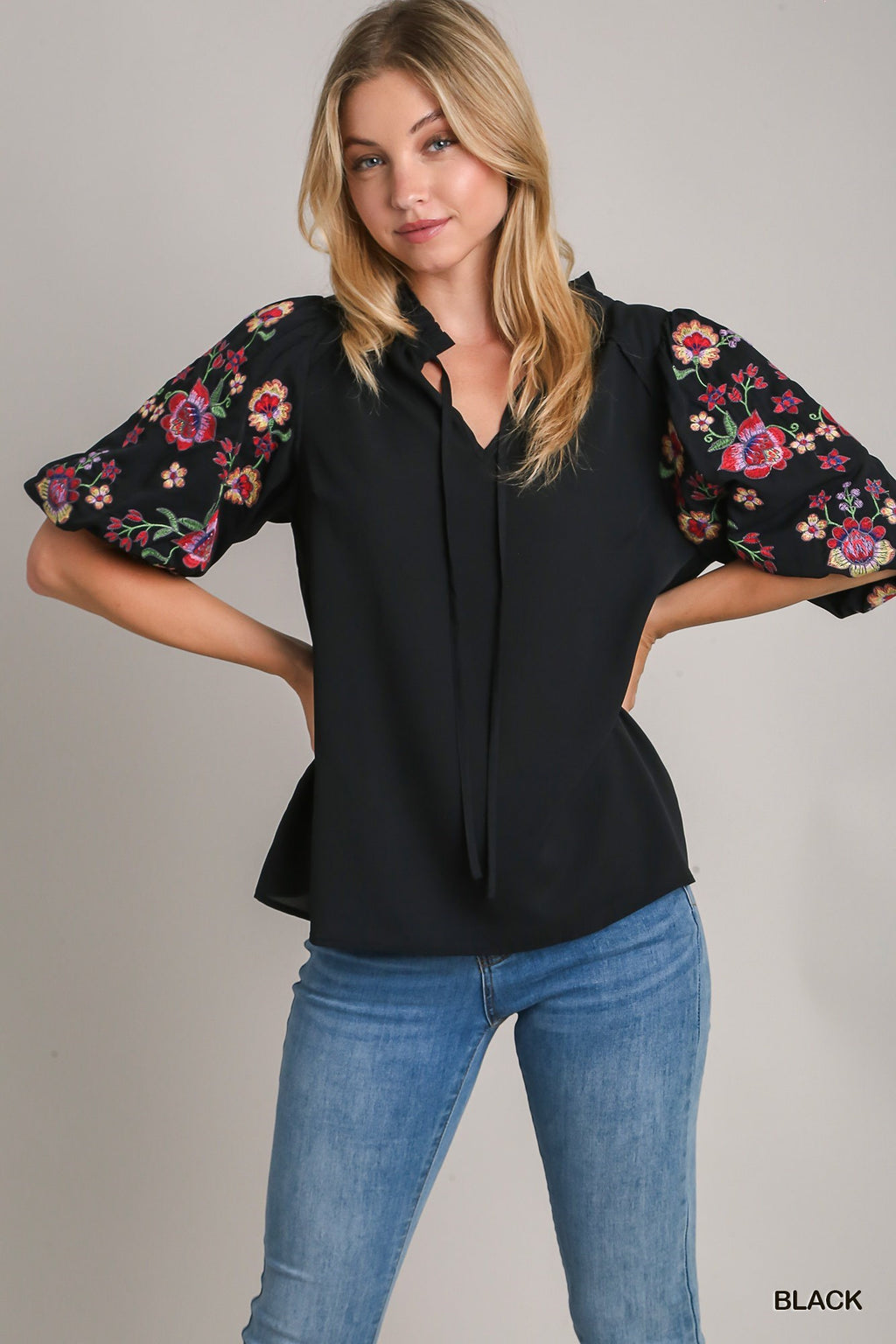 Black Floral Embroidery Puff Sleeve Top