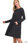 Zenana Long Sleeve Flare Dress With Side Pockets