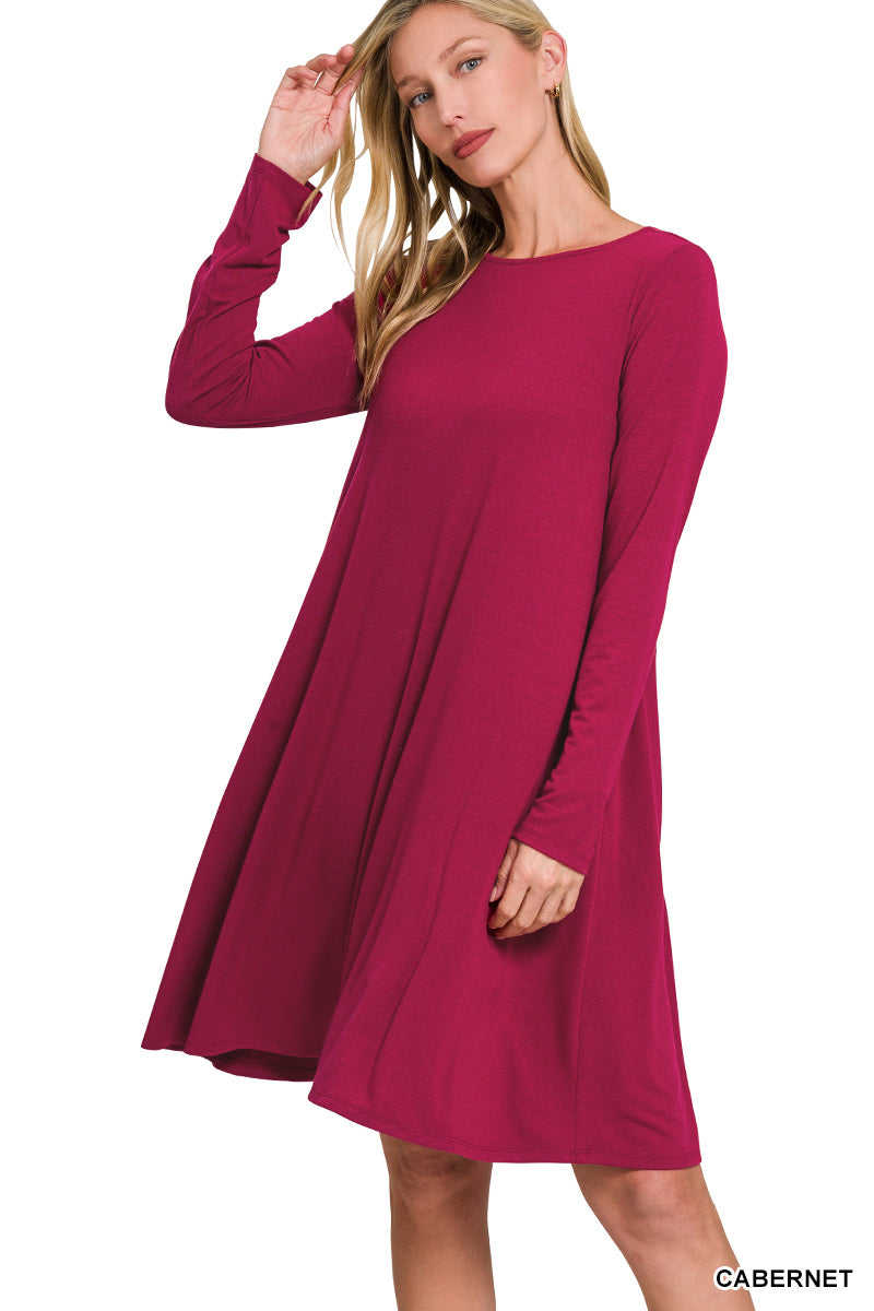 Zenana Long sleeve flare dress with pockets in Cabernet