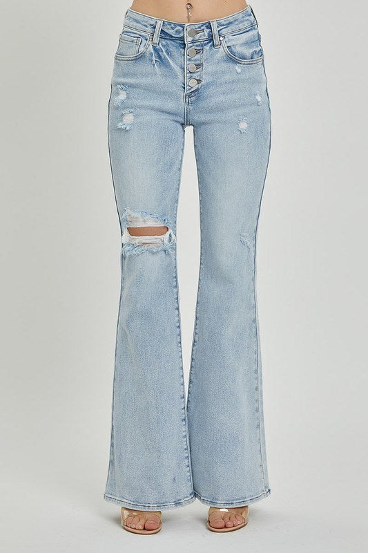 Risen Light Wash Mid-Rise Flare Button Jeans
